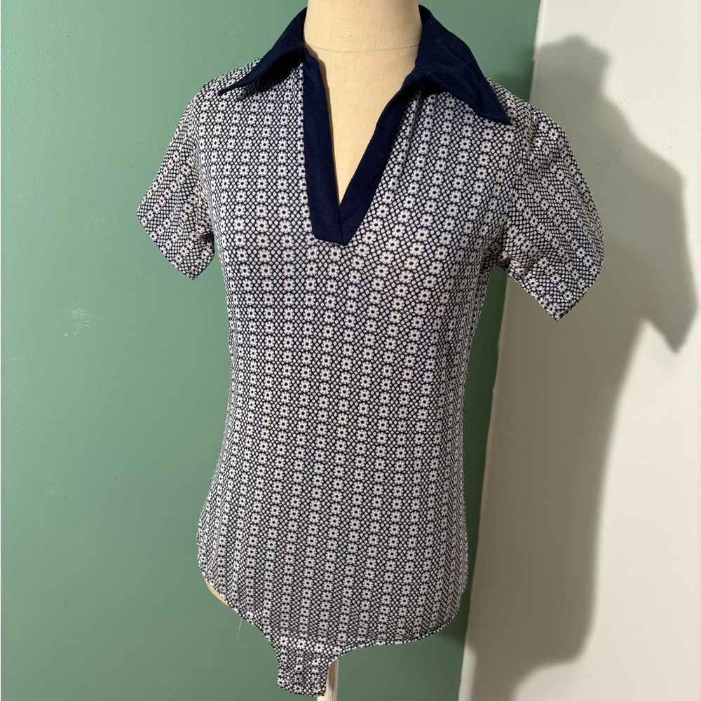 Vintage Navy and White Flower Print Shirt Style Leotard